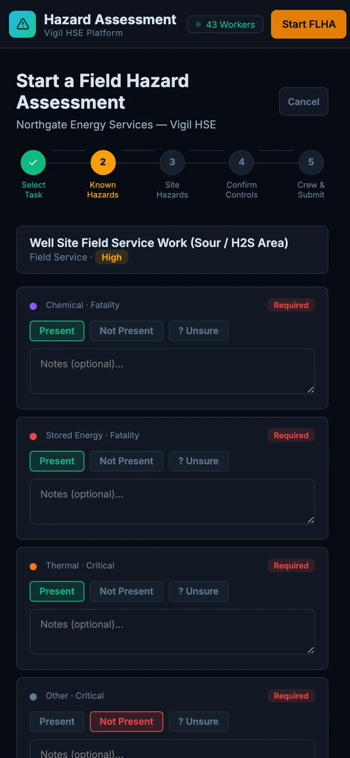 Field-level hazard assessment in progress on a phone — hazard confirmation step for sour well site service work